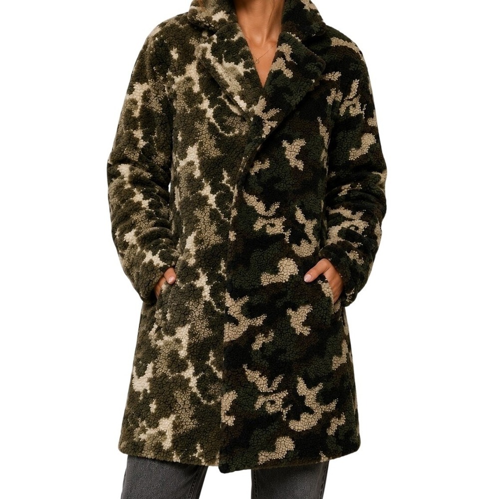 boohooMAN Green Khaki Camo Spliced Borg Longline Coat Mens Small NWT
